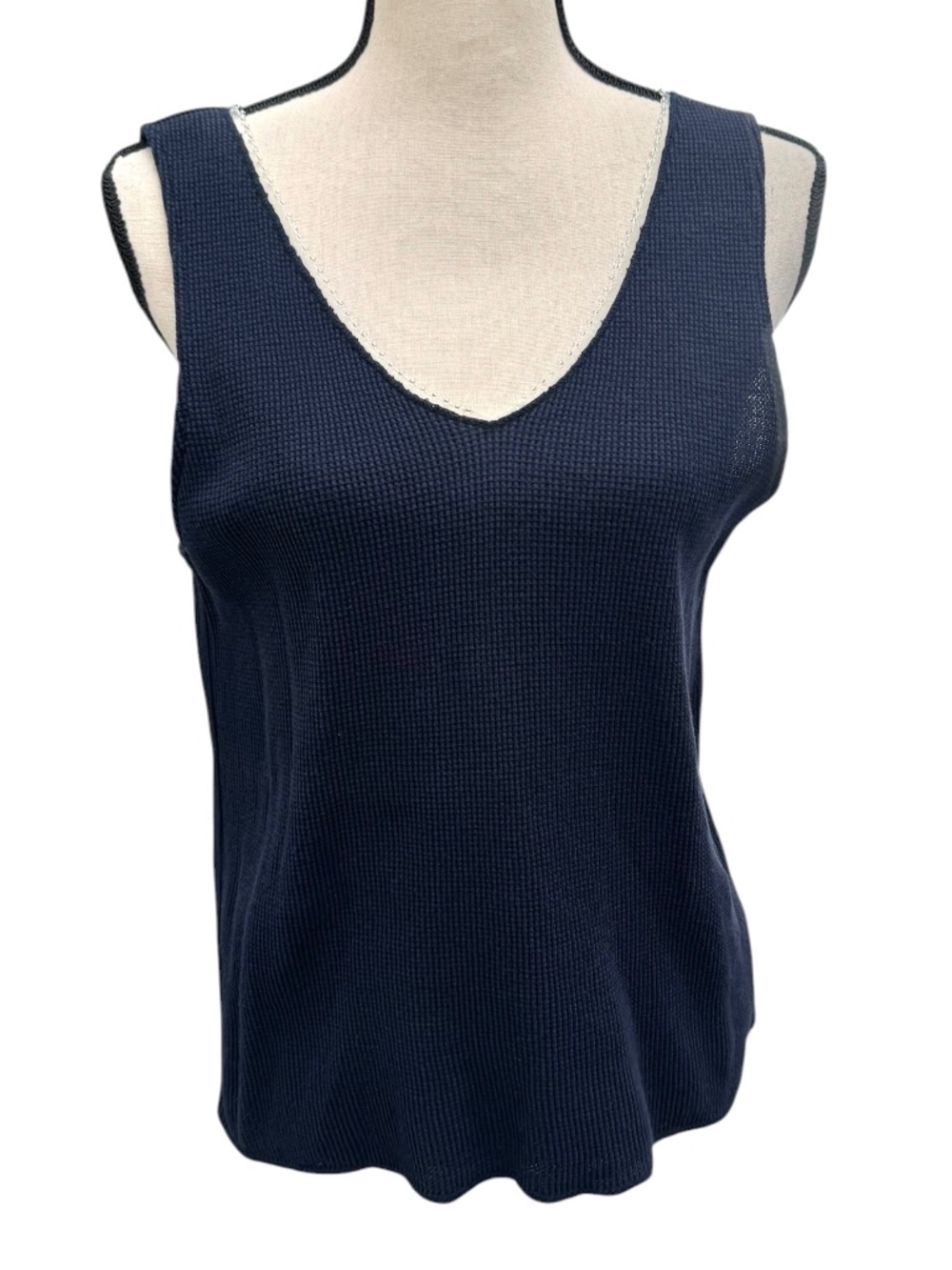 VINTAGE NAVY BLUE FITIGUES WAFFLE KNIT V-NECK TANK TOP W CLEAR TRIM & BEADS